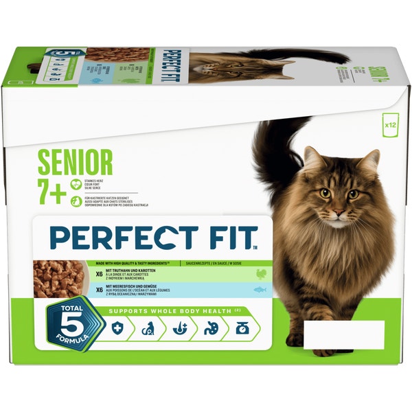 PERFECT FIT™ Senior 7+ 2 Varietäten Truthahn & Karotten, Meeresfisch & Gemüse in Sauce, Multipack 12 x 85g image 1
